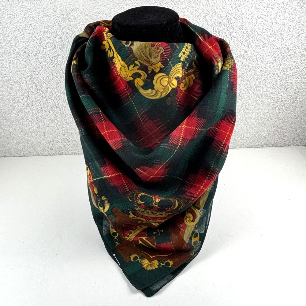 Vtg Heraldic Crest Plaid Scarf Women OS Green Red Square Silk-y Royalcore Preppy